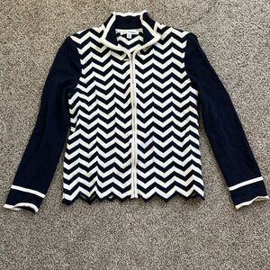 St John Vintage Chevron Navy and White Zip Sweater